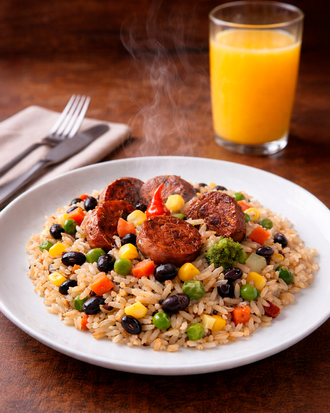 Almoço vegano do Fruta & Raiz: prato quente com arroz, legumes e proteína vegetal